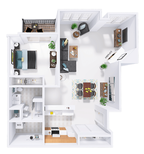 Floor plan for 1 bed, 2 baths, 1512 sqft